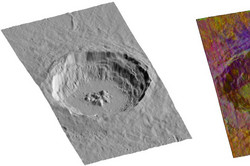 Links: 3D-Modell. Rechts: Petrologische Karte des Kraters Aristillus