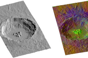 Links: 3D-Modell. Rechts: Petrologische Karte des Kraters Aristillus