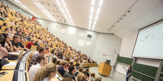 Studierende sitzen in einer Vorlesung im Hörsaal. 